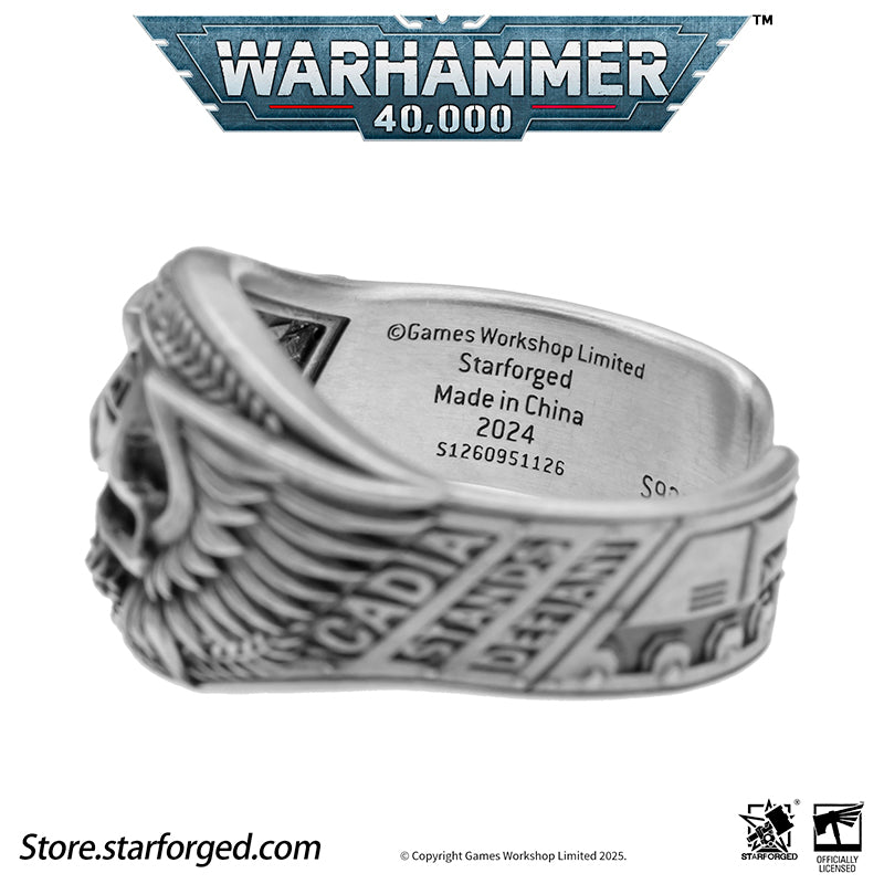 Astra Militarum De Gloria Cadia Ring Cadian Shock Troopers Warhammer Memorial Ring Gold & Silver A ring depicting the winged skull emblem of the Astra Militarum. With the Cadian Gate’s logo etched on its forehead, representing the heroic Cadian Shock Troopers. Their famous warcry, ‘Cadia stands!’ echoes with it.