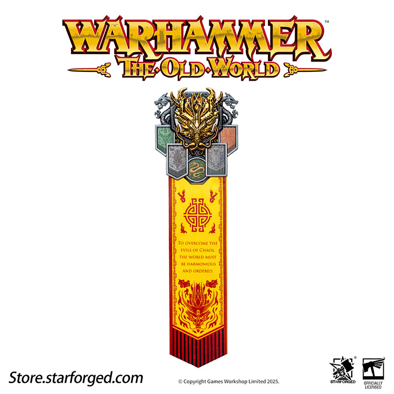 Starforged Warhammer The Old World Warhammer Fantasy Banner of Grand Cathay Brooch Seal Badge Grand Cathay stands as the most powerful human realm in the Old World—a land of civilization, prosperity, and magic, all bound by sacred Harmony. Ruled by the immortal Dragon Emperor and Moon Empress, divine beings of staggering power who govern with wisdom and benevolence, Cathay is a nation where dragons walk among men. From their floating celestial capital, Weijin, they command a realm where magic flows as natur
