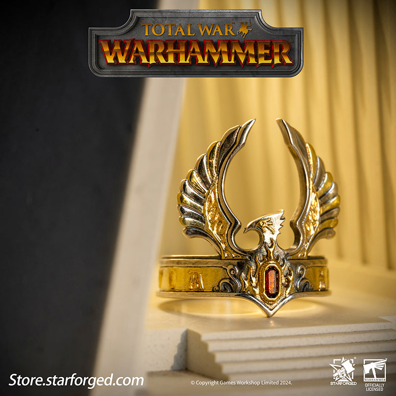 Starforged Warhammer The Old World Warhammer Fantasy Phoenix Crown Ring Men's Jewelry Accessories The original Phoenix Crown was forged in the age of Aenarion, crafted from the gold and gems of all ten kingdoms of Ulthuan. Yet it was the reckless and impulsive Caledor II who became the first—and last—Phoenix King to wear it into battle.After he fell in duel against the Dwarf High King Gotrek Starbreaker, the crown passed into the hands of the Dwarfs as a trophy of war. When Caradryel the Peacemaker ascended