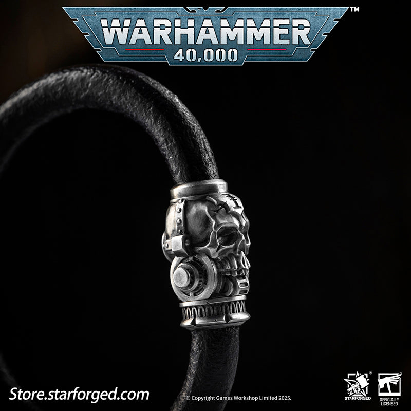 Starforged Warhammer 40K The Imperium Servo Skull Leather Braclet Men's Jewelry Accessories The skull is one of the most important symbols of the Imperium. It represents not only sacrifice but also the purity of mankind. The flesh of traitors, heretics, and xenos often deviates significantly from that of pure humans, with one of the most pronounced mutations being in their skulls. It is for this very reason that the skull is recognized as an emblem of human purity and the sacrifice made to defend it. Throug