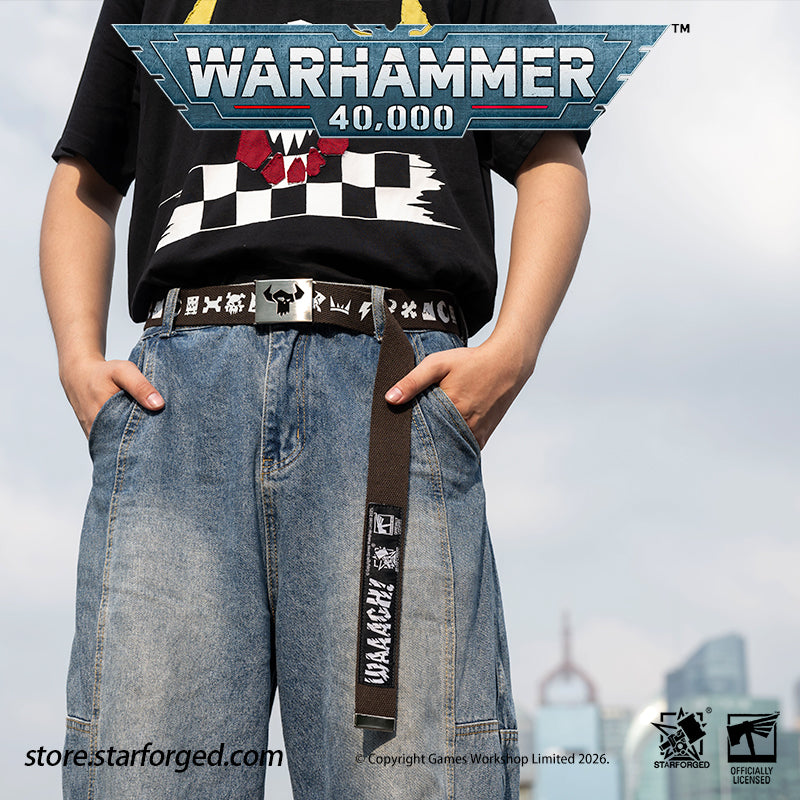 Starforged Warhammer 40K Orks Counsill of Clan-Bosses Set Men's Fashion Accessories Warhammer Merchandise Gifts Orks Counsill of Clan-Bosses Bandana  Only the toughest Orks earn a place on the Counsill of Clan-Bosses. This bandana is the perfect accessory for any aspiring Warboss wanting to get involved in the next Waaagh!.  Orks Counsill of Clan-Bosses Canvas Belt  Buckle up with a belt worthy of the biggest and meanest Warboss, complete with Ork glyphs along the strap - a great addition to any Ork fan’s a