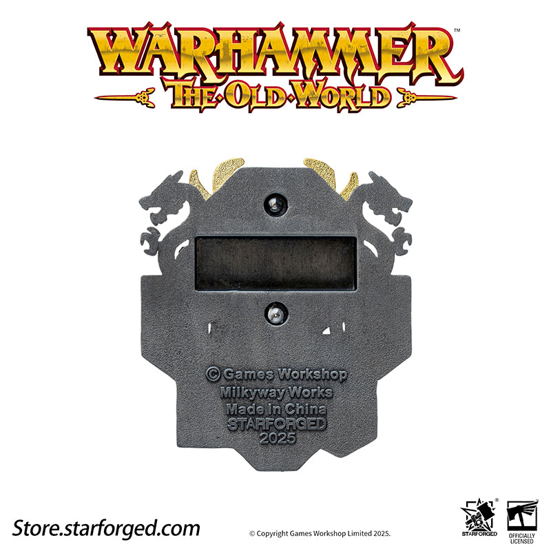 Starforged Warhammer The Old World Warhammer Fantasy Banner of Grand Cathay Brooch Seal Badge Grand Cathay stands as the most powerful human realm in the Old World—a land of civilization, prosperity, and magic, all bound by sacred Harmony. Ruled by the immortal Dragon Emperor and Moon Empress, divine beings of staggering power who govern with wisdom and benevolence, Cathay is a nation where dragons walk among men. From their floating celestial capital, Weijin, they command a realm where magic flows as natur