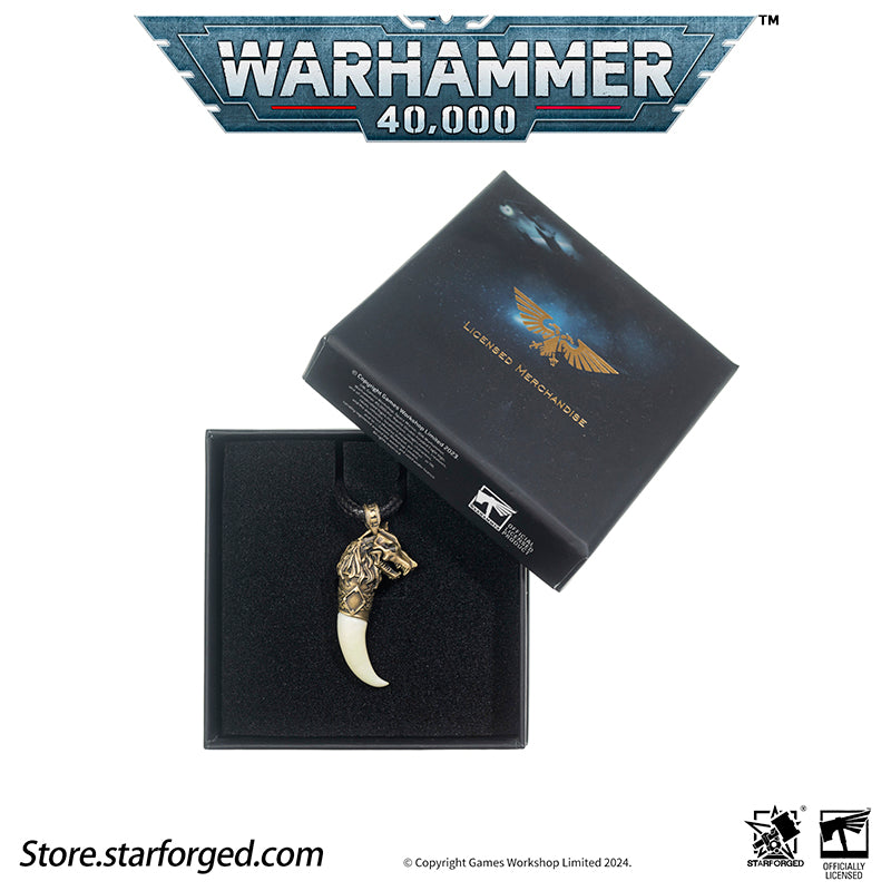 Starforged Space Marines Space Wolves Fang of Fenris Warhammer 40K Pendant Necklace The Space Wolves, the Sixth Legion of the Adeptus Astartes, are the warriors of the Wolf King Leman Russ, the Emperor's trusted executioners. This product is inspired by one of the ornaments they often wear.
Fenris, their homeworld, is one of the most perilous Death Worlds within the Imperium. Its brutal frozen winters and searing fiery summers forge the toughest tribal warriors, from whom the legendary Space Wolves