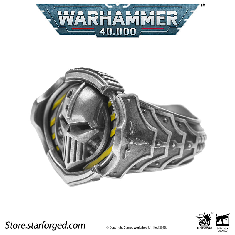 Starforged Warhammer 40K The Sigil Ring of Perturabo Iron Warriors Silver Ring Accessories Jewelry The Iron Warriors stood as the Emperor's most formidable siege force. During the Great Crusade, they fought alongside the Imperial Fists across hundreds of worlds, reducing xenos fortresses and the strongholds of those who defied the Emperor's will to rubble.  Their Primarch Perturabo was a master of siegecraft and trench warfare. As experts in attritional combat, the Iron Warriors preferred devastating artill