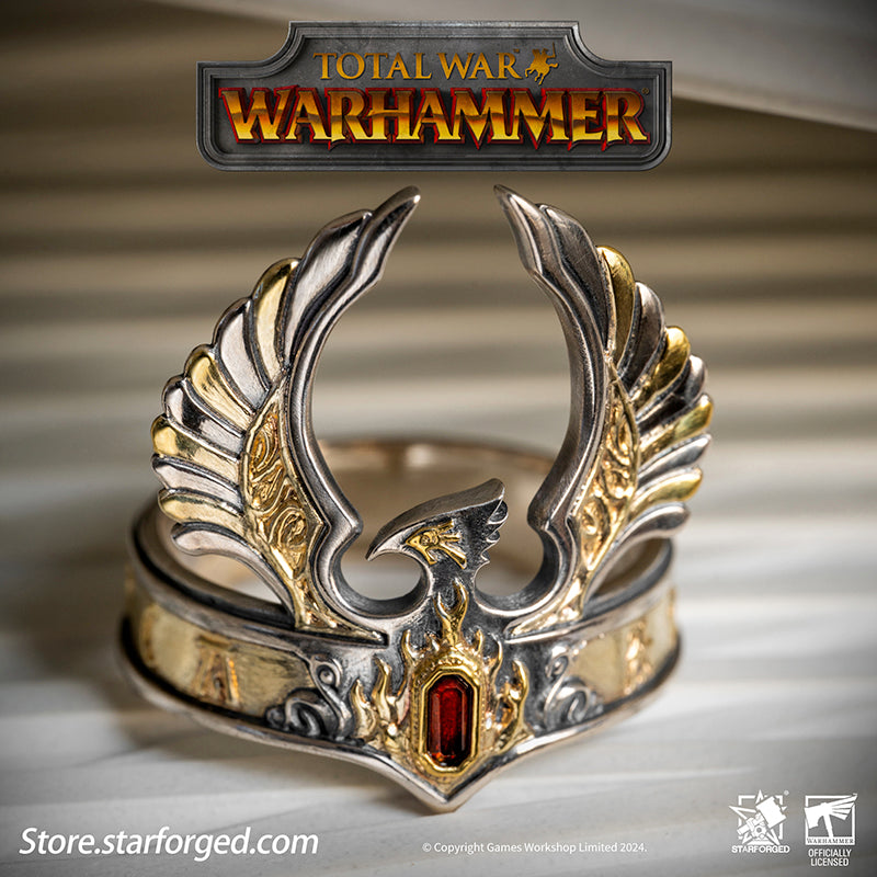 Starforged Warhammer The Old World Warhammer Fantasy Phoenix Crown Ring Men's Jewelry Accessories The original Phoenix Crown was forged in the age of Aenarion, crafted from the gold and gems of all ten kingdoms of Ulthuan. Yet it was the reckless and impulsive Caledor II who became the first—and last—Phoenix King to wear it into battle.After he fell in duel against the Dwarf High King Gotrek Starbreaker, the crown passed into the hands of the Dwarfs as a trophy of war. When Caradryel the Peacemaker ascended