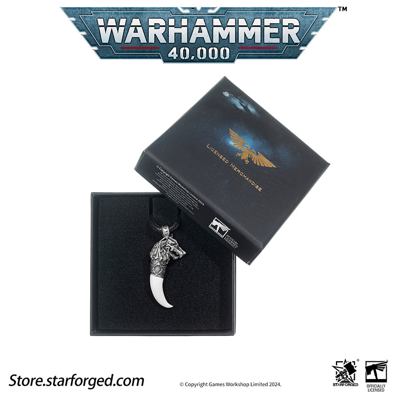 Starforged Space Marines Space Wolves Fang of Fenris Warhammer 40K Pendant Necklace The Space Wolves, the Sixth Legion of the Adeptus Astartes, are the warriors of the Wolf King Leman Russ, the Emperor's trusted executioners. This product is inspired by one of the ornaments they often wear.
Fenris, their homeworld, is one of the most perilous Death Worlds within the Imperium. Its brutal frozen winters and searing fiery summers forge the toughest tribal warriors, from whom the legendary Space Wolves