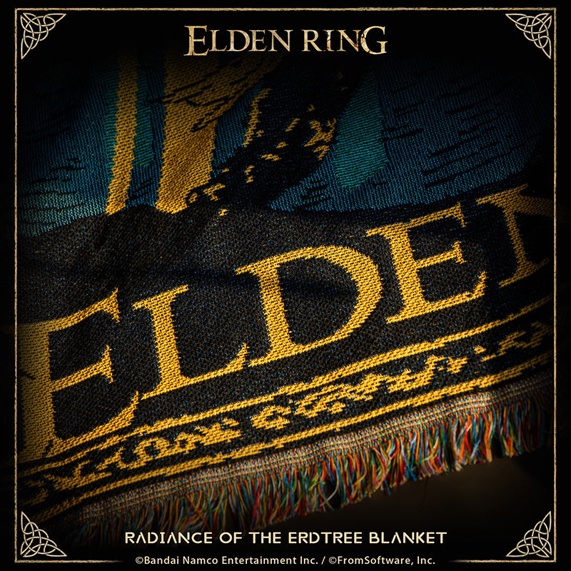 This product is designed based on the visual art of the Golden Tree and the Bloody Wolf from Elden Ring.

As a woven tapestry, it utilizes simplified lines and a highly limited color palette to present the entire scene. The artistic style employs large blocks of golden hues to depict the Golden Tree and the radiance cascading from its branches. Amidst this golden glow and the darkened landscapes of the Lands Between, the silhouette of the Bloody Wolf, charging into battle on horseback, is rendered in pure b