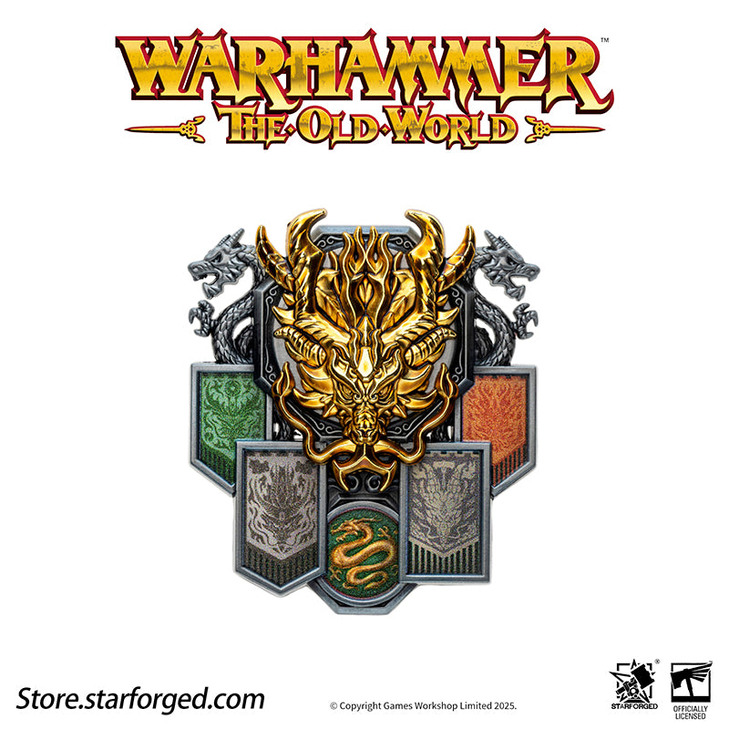Starforged Warhammer The Old World Warhammer Fantasy Banner of Grand Cathay Brooch Seal Badge Grand Cathay stands as the most powerful human realm in the Old World—a land of civilization, prosperity, and magic, all bound by sacred Harmony. Ruled by the immortal Dragon Emperor and Moon Empress, divine beings of staggering power who govern with wisdom and benevolence, Cathay is a nation where dragons walk among men. From their floating celestial capital, Weijin, they command a realm where magic flows as natur