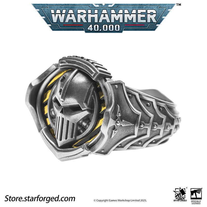 Starforged Warhammer 40K The Sigil Ring of Perturabo Iron Warriors Silver Ring Accessories Jewelry The Iron Warriors stood as the Emperor's most formidable siege force. During the Great Crusade, they fought alongside the Imperial Fists across hundreds of worlds, reducing xenos fortresses and the strongholds of those who defied the Emperor's will to rubble.  Their Primarch Perturabo was a master of siegecraft and trench warfare. As experts in attritional combat, the Iron Warriors preferred devastating artill