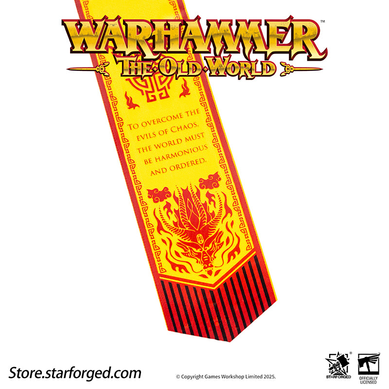 Starforged Warhammer The Old World Warhammer Fantasy Banner of Grand Cathay Brooch Seal Badge Grand Cathay stands as the most powerful human realm in the Old World—a land of civilization, prosperity, and magic, all bound by sacred Harmony. Ruled by the immortal Dragon Emperor and Moon Empress, divine beings of staggering power who govern with wisdom and benevolence, Cathay is a nation where dragons walk among men. From their floating celestial capital, Weijin, they command a realm where magic flows as natur