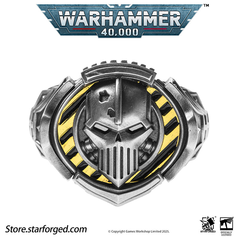 Starforged Warhammer 40K The Sigil Ring of Perturabo Iron Warriors Silver Ring Accessories Jewelry The Iron Warriors stood as the Emperor's most formidable siege force. During the Great Crusade, they fought alongside the Imperial Fists across hundreds of worlds, reducing xenos fortresses and the strongholds of those who defied the Emperor's will to rubble.  Their Primarch Perturabo was a master of siegecraft and trench warfare. As experts in attritional combat, the Iron Warriors preferred devastating artill