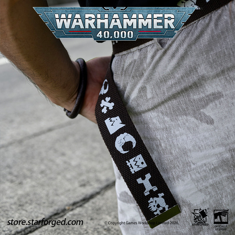 Starforged Warhammer 40K Orks Counsill of Clan-Bosses Set Men's Fashion Accessories Warhammer Merchandise Gifts Orks Counsill of Clan-Bosses Bandana  Only the toughest Orks earn a place on the Counsill of Clan-Bosses. This bandana is the perfect accessory for any aspiring Warboss wanting to get involved in the next Waaagh!.  Orks Counsill of Clan-Bosses Canvas Belt  Buckle up with a belt worthy of the biggest and meanest Warboss, complete with Ork glyphs along the strap - a great addition to any Ork fan’s a