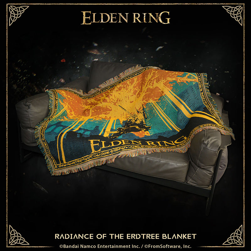 This product is designed based on the visual art of the Golden Tree and the Bloody Wolf from Elden Ring.

As a woven tapestry, it utilizes simplified lines and a highly limited color palette to present the entire scene. The artistic style employs large blocks of golden hues to depict the Golden Tree and the radiance cascading from its branches. Amidst this golden glow and the darkened landscapes of the Lands Between, the silhouette of the Bloody Wolf, charging into battle on horseback, is rendered in pure b