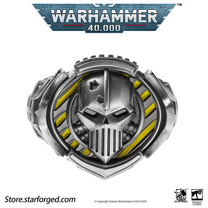 Starforged Warhammer 40K The Sigil Ring of Perturabo Iron Warriors Silver Ring Accessories Jewelry The Iron Warriors stood as the Emperor's most formidable siege force. During the Great Crusade, they fought alongside the Imperial Fists across hundreds of worlds, reducing xenos fortresses and the strongholds of those who defied the Emperor's will to rubble.  Their Primarch Perturabo was a master of siegecraft and trench warfare. As experts in attritional combat, the Iron Warriors preferred devastating artill