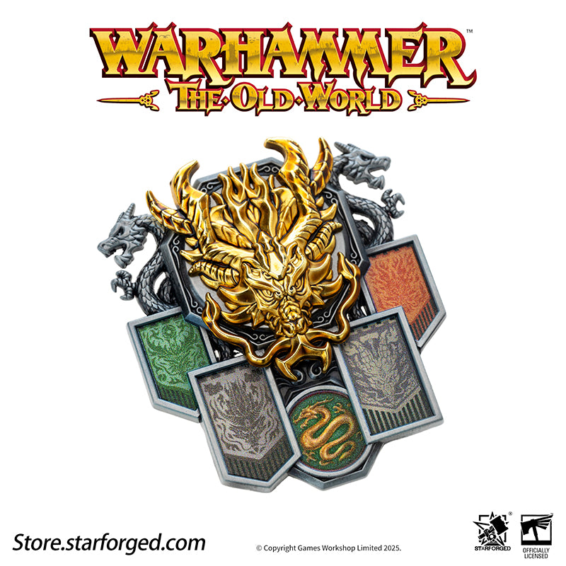 Starforged Warhammer The Old World Warhammer Fantasy Banner of Grand Cathay Brooch Seal Badge Grand Cathay stands as the most powerful human realm in the Old World—a land of civilization, prosperity, and magic, all bound by sacred Harmony. Ruled by the immortal Dragon Emperor and Moon Empress, divine beings of staggering power who govern with wisdom and benevolence, Cathay is a nation where dragons walk among men. From their floating celestial capital, Weijin, they command a realm where magic flows as natur