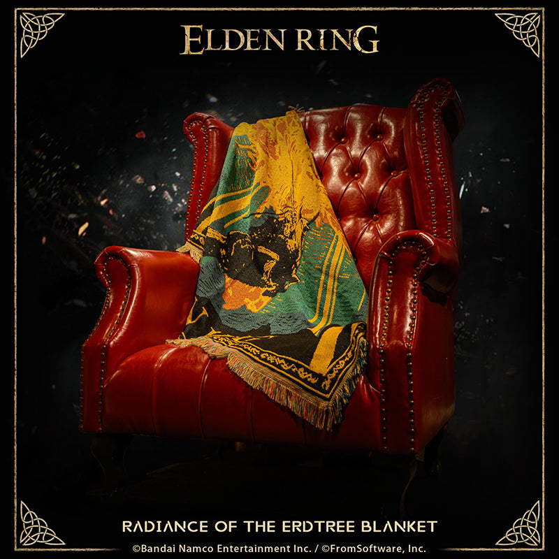 This product is designed based on the visual art of the Golden Tree and the Bloody Wolf from Elden Ring.

As a woven tapestry, it utilizes simplified lines and a highly limited color palette to present the entire scene. The artistic style employs large blocks of golden hues to depict the Golden Tree and the radiance cascading from its branches. Amidst this golden glow and the darkened landscapes of the Lands Between, the silhouette of the Bloody Wolf, charging into battle on horseback, is rendered in pure b