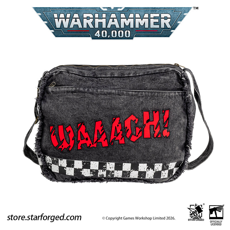 STARFORGED Warhammer 40K Orks Cunningly Brutal Messenger Bag | Orkz Series | Warhammer Gifts WE'RE ABOUT TO START A GROT REBELLION!!!  Orks, also known as Greenskins, are a sentient species in the Warhammer 40K universe. Combining plant-like photosynthetic skin with animalistic behavior, they reproduce asexually through spores. Their genetic code comes preloaded with engineering and technological knowledge, allowing them to construct bizarre war machines and unleash devastating psychic attacks.  
