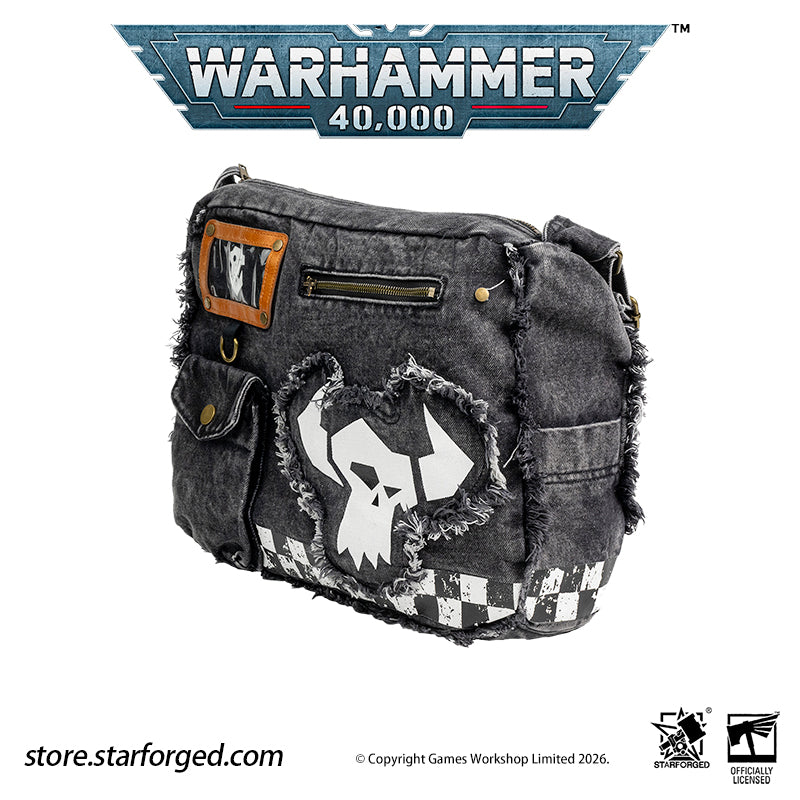 STARFORGED Warhammer 40K Orks Cunningly Brutal Messenger Bag | Orkz Series | Warhammer Gifts WE'RE ABOUT TO START A GROT REBELLION!!!  Orks, also known as Greenskins, are a sentient species in the Warhammer 40K universe. Combining plant-like photosynthetic skin with animalistic behavior, they reproduce asexually through spores. Their genetic code comes preloaded with engineering and technological knowledge, allowing them to construct bizarre war machines and unleash devastating psychic attacks.  