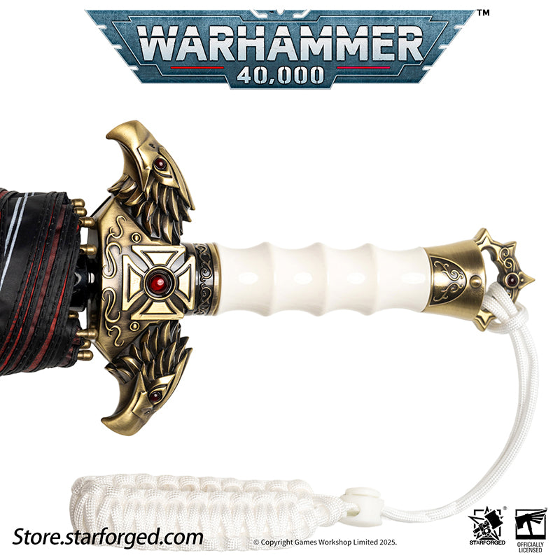 Starforged Warhammer 40K Adeptus Custodes Misericordia Umbrella Men's Accessories Birthday Gift Other The Misericordia is the signature shortblade wielded by the Adeptus Custodes. Each neophyte who ascends to the ranks of the Emperor's chosen is bestowed this mastercrafted blade - a weapon as elegant as it is lethal. Wrought in auric alloys and luna silver, its haft is perfectly balanced to its bearer's grip, while its machine-spirit commands molecular disruption fields capable of breaching even Terminator 