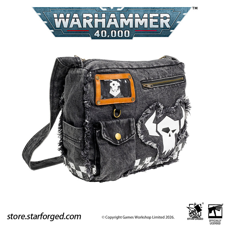 STARFORGED Warhammer 40K Orks Cunningly Brutal Messenger Bag | Orkz Series | Warhammer Gifts WE'RE ABOUT TO START A GROT REBELLION!!!  Orks, also known as Greenskins, are a sentient species in the Warhammer 40K universe. Combining plant-like photosynthetic skin with animalistic behavior, they reproduce asexually through spores. Their genetic code comes preloaded with engineering and technological knowledge, allowing them to construct bizarre war machines and unleash devastating psychic attacks.  