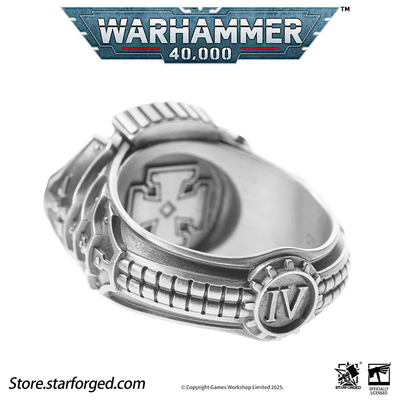 Starforged Warhammer 40K The Sigil Ring of Perturabo Iron Warriors Silver Ring Accessories Jewelry The Iron Warriors stood as the Emperor's most formidable siege force. During the Great Crusade, they fought alongside the Imperial Fists across hundreds of worlds, reducing xenos fortresses and the strongholds of those who defied the Emperor's will to rubble.  Their Primarch Perturabo was a master of siegecraft and trench warfare. As experts in attritional combat, the Iron Warriors preferred devastating artill