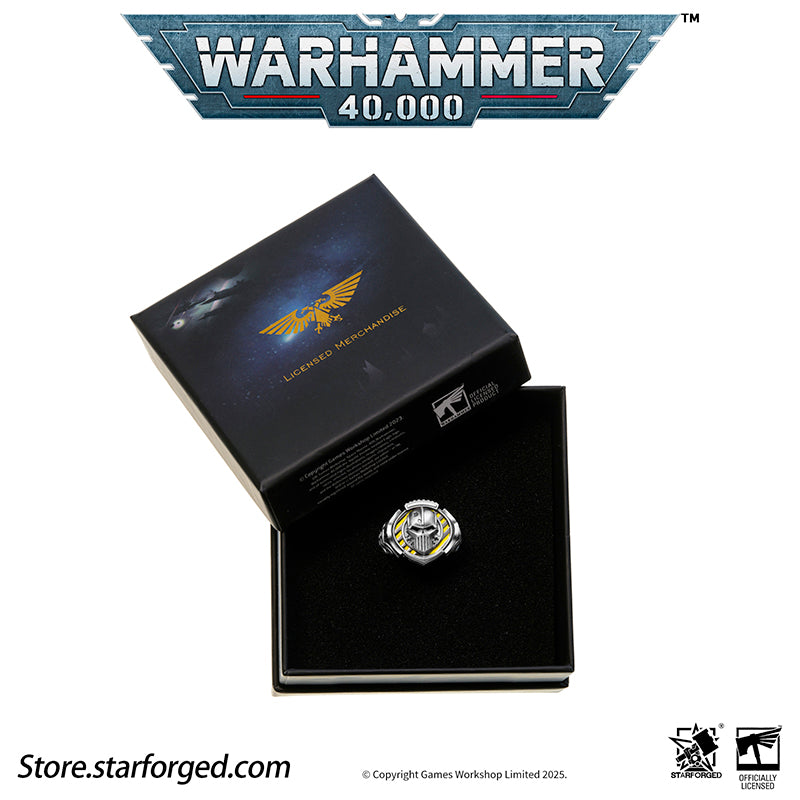 Starforged Warhammer 40K The Sigil Ring of Perturabo Iron Warriors Silver Ring Accessories Jewelry The Iron Warriors stood as the Emperor's most formidable siege force. During the Great Crusade, they fought alongside the Imperial Fists across hundreds of worlds, reducing xenos fortresses and the strongholds of those who defied the Emperor's will to rubble.  Their Primarch Perturabo was a master of siegecraft and trench warfare. As experts in attritional combat, the Iron Warriors preferred devastating artill