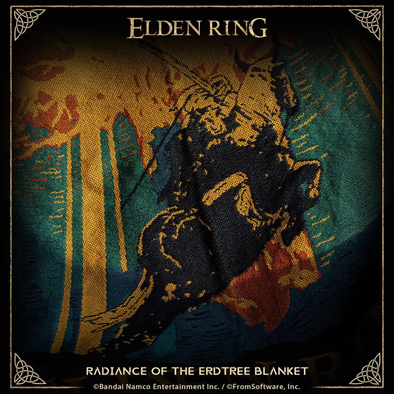 This product is designed based on the visual art of the Golden Tree and the Bloody Wolf from Elden Ring.

As a woven tapestry, it utilizes simplified lines and a highly limited color palette to present the entire scene. The artistic style employs large blocks of golden hues to depict the Golden Tree and the radiance cascading from its branches. Amidst this golden glow and the darkened landscapes of the Lands Between, the silhouette of the Bloody Wolf, charging into battle on horseback, is rendered in pure b