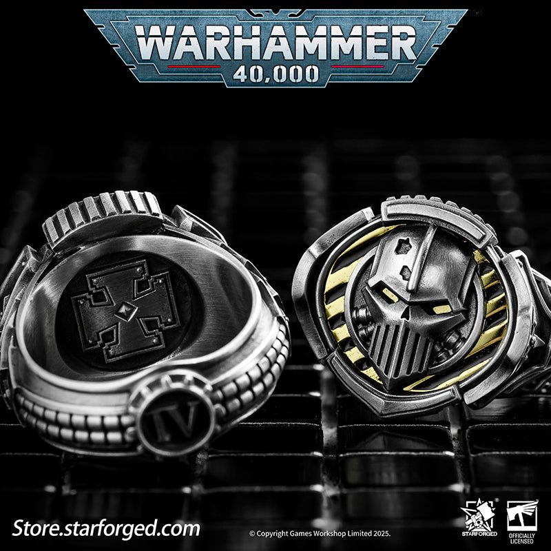 Starforged Warhammer 40K The Sigil Ring of Perturabo Iron Warriors Silver Ring Accessories Jewelry The Iron Warriors stood as the Emperor's most formidable siege force. During the Great Crusade, they fought alongside the Imperial Fists across hundreds of worlds, reducing xenos fortresses and the strongholds of those who defied the Emperor's will to rubble.  Their Primarch Perturabo was a master of siegecraft and trench warfare. As experts in attritional combat, the Iron Warriors preferred devastating artill