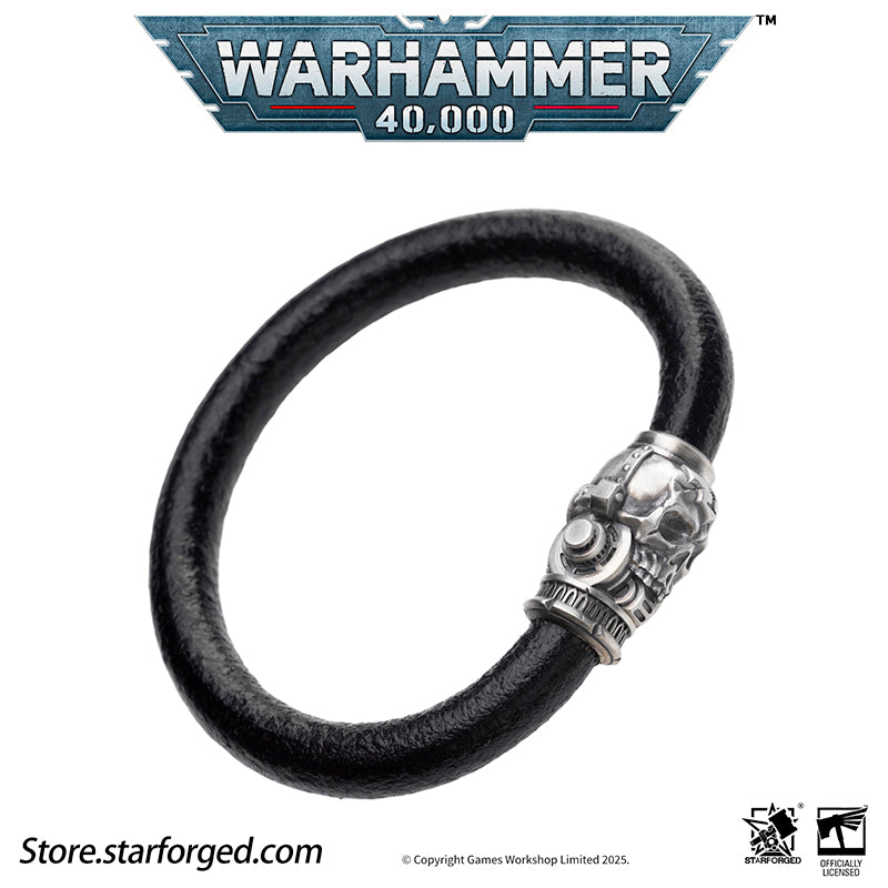 Starforged Warhammer 40K The Imperium Servo Skull Leather Braclet Men's Jewelry Accessories The skull is one of the most important symbols of the Imperium. It represents not only sacrifice but also the purity of mankind. The flesh of traitors, heretics, and xenos often deviates significantly from that of pure humans, with one of the most pronounced mutations being in their skulls. It is for this very reason that the skull is recognized as an emblem of human purity and the sacrifice made to defend it. Throug
