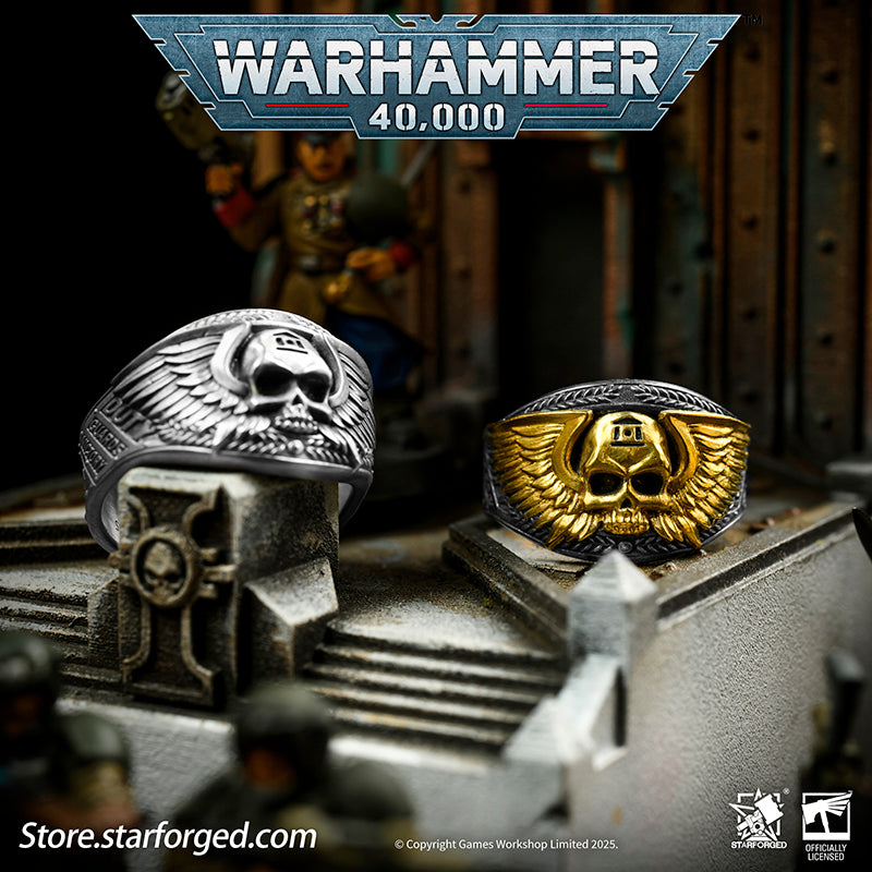 Astra Militarum De Gloria Cadia Ring Cadian Shock Troopers Warhammer Memorial Ring Gold & Silver A ring depicting the winged skull emblem of the Astra Militarum. With the Cadian Gate’s logo etched on its forehead, representing the heroic Cadian Shock Troopers. Their famous warcry, ‘Cadia stands!’ echoes with it.
