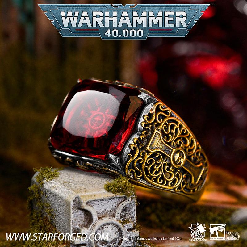 Starforged Seal of the Inquisitor Warhammer 40K Men's Garnet Gemstone 925 Silver & Gold  Ring