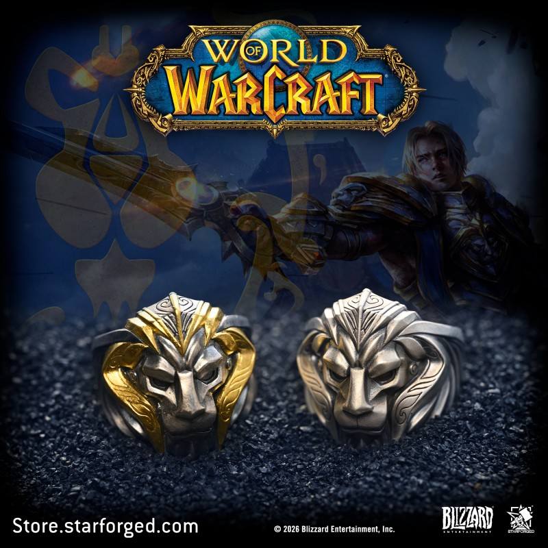 Starforged World of Warcraft Lion Crown of Stormwind Men's Fashion Jewelry Officially Authorized The Young King’s Trial The Choice of the Path of Holy Light The Courage to Fight for Peace The Coronation at the Broken Shore Peace Is the Noblest Ideal  At the heart of this ring lies the silent lion from Anduin’s armor. Through meticulous relief craftsmanship, we have recreated every detail of this noble beast. It does not roar; instead, it gazes forward with steady resolve. This perfectly embodies Anduin Wryn