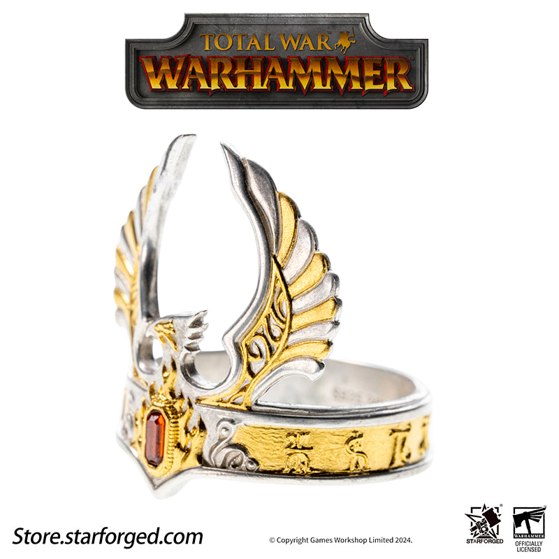 Starforged Warhammer The Old World Warhammer Fantasy Phoenix Crown Ring Men's Jewelry Accessories The original Phoenix Crown was forged in the age of Aenarion, crafted from the gold and gems of all ten kingdoms of Ulthuan. Yet it was the reckless and impulsive Caledor II who became the first—and last—Phoenix King to wear it into battle.After he fell in duel against the Dwarf High King Gotrek Starbreaker, the crown passed into the hands of the Dwarfs as a trophy of war. When Caradryel the Peacemaker ascended