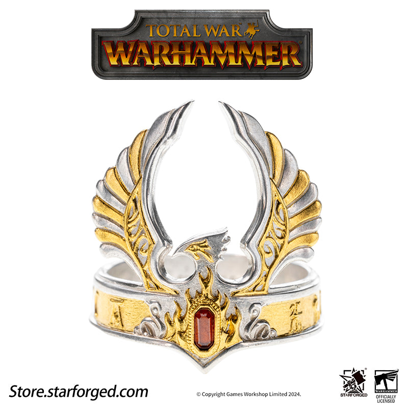 Starforged Warhammer The Old World Warhammer Fantasy Phoenix Crown Ring Men's Jewelry Accessories The original Phoenix Crown was forged in the age of Aenarion, crafted from the gold and gems of all ten kingdoms of Ulthuan. Yet it was the reckless and impulsive Caledor II who became the first—and last—Phoenix King to wear it into battle.After he fell in duel against the Dwarf High King Gotrek Starbreaker, the crown passed into the hands of the Dwarfs as a trophy of war. When Caradryel the Peacemaker ascended