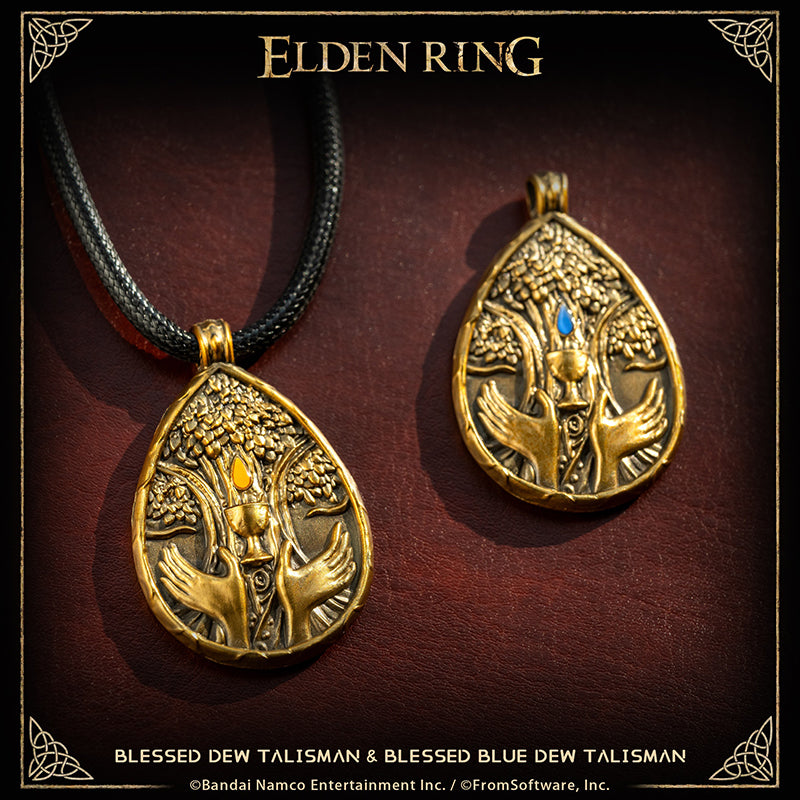 Starforged ELDEN RING Blessed Dew Talisman & Blessed Blue Dew Talisman Accessories Game Merchandise Officially Authorized Blessed Dew TalismanTalisman depicting a drop of the Erdtree's sap, a blessed boon.Gradually restores HP.It was once thought that the blessed sap of the Erdtree would drip from its boughs forever--but that age of plenty swiftly came to a close, and with time, the Erdtree became more an object of faith.