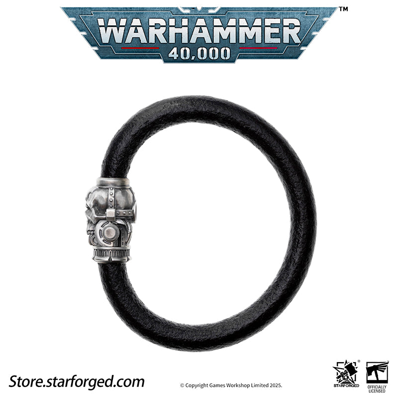 Starforged Warhammer 40K The Imperium Servo Skull Leather Braclet Men's Jewelry Accessories The skull is one of the most important symbols of the Imperium. It represents not only sacrifice but also the purity of mankind. The flesh of traitors, heretics, and xenos often deviates significantly from that of pure humans, with one of the most pronounced mutations being in their skulls. It is for this very reason that the skull is recognized as an emblem of human purity and the sacrifice made to defend it. Throug