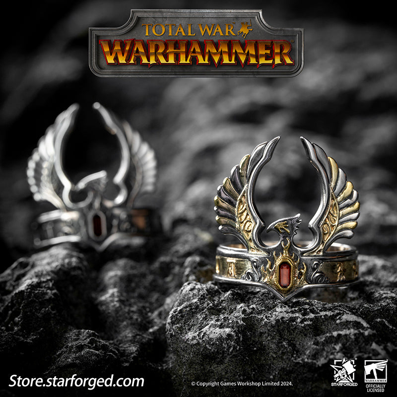 Starforged Warhammer The Old World Warhammer Fantasy Phoenix Crown Ring Men's Jewelry Accessories The original Phoenix Crown was forged in the age of Aenarion, crafted from the gold and gems of all ten kingdoms of Ulthuan. Yet it was the reckless and impulsive Caledor II who became the first—and last—Phoenix King to wear it into battle.After he fell in duel against the Dwarf High King Gotrek Starbreaker, the crown passed into the hands of the Dwarfs as a trophy of war. When Caradryel the Peacemaker ascended