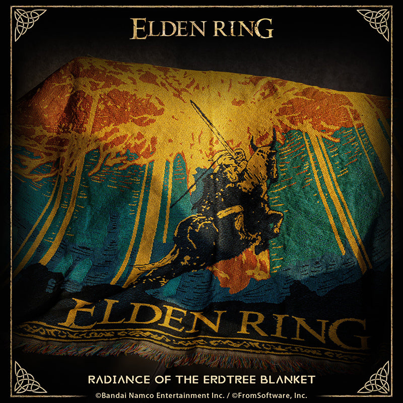 This product is designed based on the visual art of the Golden Tree and the Bloody Wolf from Elden Ring.

As a woven tapestry, it utilizes simplified lines and a highly limited color palette to present the entire scene. The artistic style employs large blocks of golden hues to depict the Golden Tree and the radiance cascading from its branches. Amidst this golden glow and the darkened landscapes of the Lands Between, the silhouette of the Bloody Wolf, charging into battle on horseback, is rendered in pure b