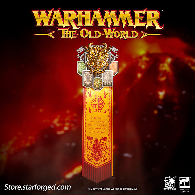 Starforged Warhammer The Old World Warhammer Fantasy Banner of Grand Cathay Brooch Seal Badge Grand Cathay stands as the most powerful human realm in the Old World—a land of civilization, prosperity, and magic, all bound by sacred Harmony. Ruled by the immortal Dragon Emperor and Moon Empress, divine beings of staggering power who govern with wisdom and benevolence, Cathay is a nation where dragons walk among men. From their floating celestial capital, Weijin, they command a realm where magic flows as natur