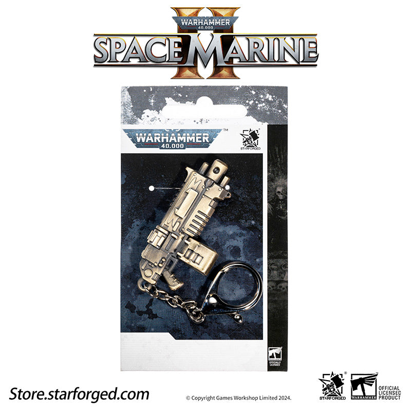 Warhammer 40K Space Marines Boltgun Keychain Space Marine 2 Weapon Pendant Starforged
The Boltgun is the iconic weapon of the Adeptus Astartes and the Adepta Sororitas. Typically, its caliber is 0.75 inches, and each round it fires is a high-explosive bolt carefully crafted by master artificers. Upon penetrating the target's armor, the bolt detonates inside, causing devastating internal damage. This weapon is heavy, durable, and features recoil that is almost impossible for a mortal to control