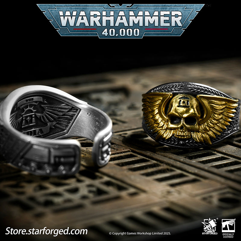Astra Militarum De Gloria Cadia Ring Cadian Shock Troopers Warhammer Memorial Ring Gold & Silver A ring depicting the winged skull emblem of the Astra Militarum. With the Cadian Gate’s logo etched on its forehead, representing the heroic Cadian Shock Troopers. Their famous warcry, ‘Cadia stands!’ echoes with it.