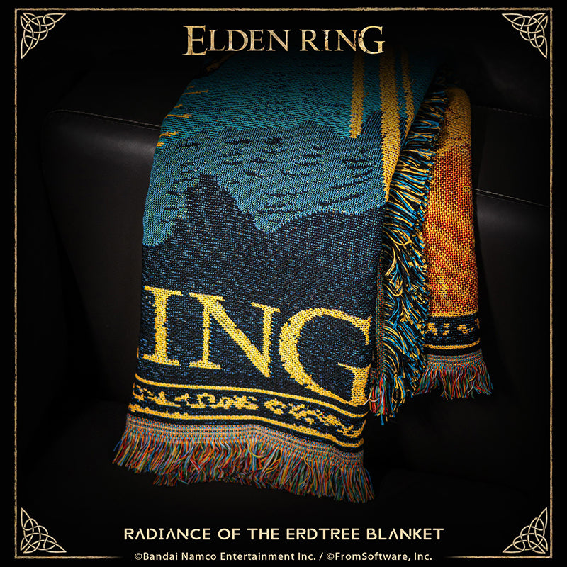 This product is designed based on the visual art of the Golden Tree and the Bloody Wolf from Elden Ring.

As a woven tapestry, it utilizes simplified lines and a highly limited color palette to present the entire scene. The artistic style employs large blocks of golden hues to depict the Golden Tree and the radiance cascading from its branches. Amidst this golden glow and the darkened landscapes of the Lands Between, the silhouette of the Bloody Wolf, charging into battle on horseback, is rendered in pure b