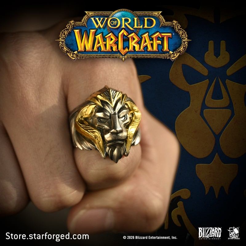 Starforged World of Warcraft Lion Crown of Stormwind Men's Fashion Jewelry Officially Authorized The Young King’s Trial The Choice of the Path of Holy Light The Courage to Fight for Peace The Coronation at the Broken Shore Peace Is the Noblest Ideal  At the heart of this ring lies the silent lion from Anduin’s armor. Through meticulous relief craftsmanship, we have recreated every detail of this noble beast. It does not roar; instead, it gazes forward with steady resolve. This perfectly embodies Anduin Wryn