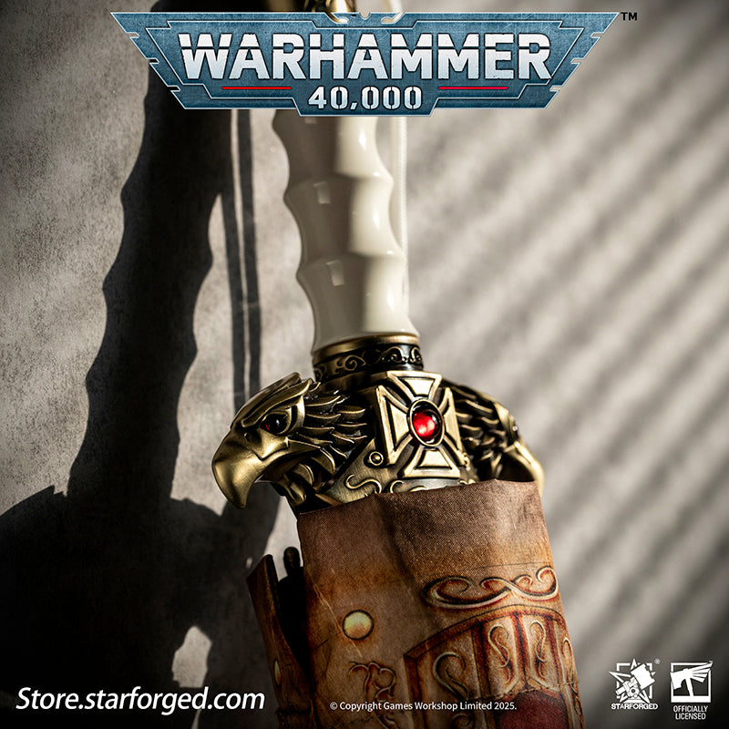 Starforged Warhammer 40K Adeptus Custodes Misericordia Umbrella Men's Accessories Birthday Gift Other The Misericordia is the signature shortblade wielded by the Adeptus Custodes. Each neophyte who ascends to the ranks of the Emperor's chosen is bestowed this mastercrafted blade - a weapon as elegant as it is lethal. Wrought in auric alloys and luna silver, its haft is perfectly balanced to its bearer's grip, while its machine-spirit commands molecular disruption fields capable of breaching even Terminator 