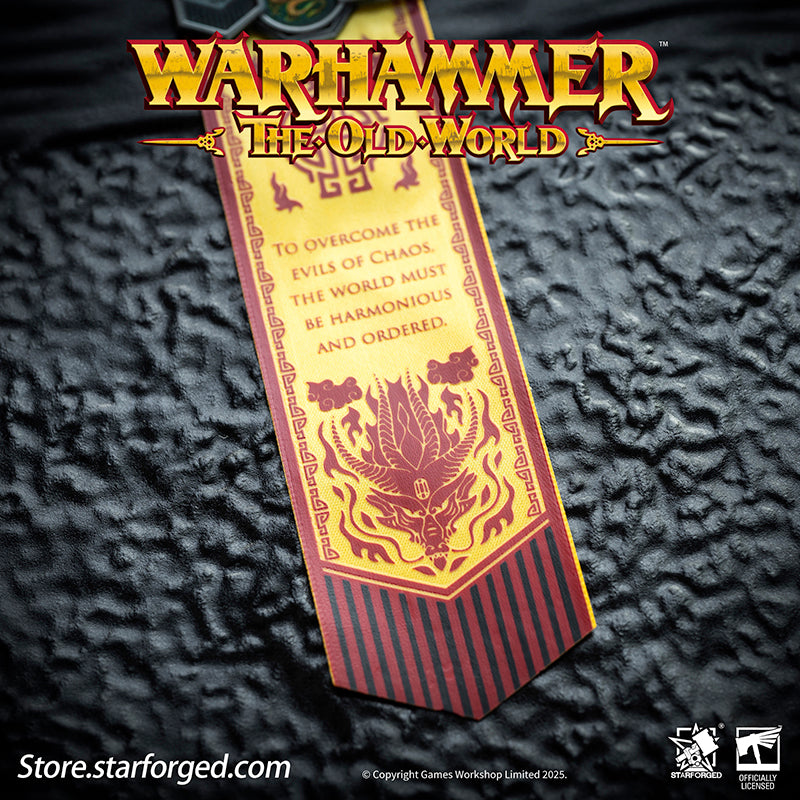 Starforged Warhammer The Old World Warhammer Fantasy Banner of Grand Cathay Brooch Seal Badge Grand Cathay stands as the most powerful human realm in the Old World—a land of civilization, prosperity, and magic, all bound by sacred Harmony. Ruled by the immortal Dragon Emperor and Moon Empress, divine beings of staggering power who govern with wisdom and benevolence, Cathay is a nation where dragons walk among men. From their floating celestial capital, Weijin, they command a realm where magic flows as natur