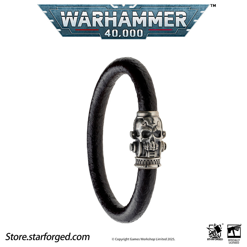 Starforged Warhammer 40K The Imperium Servo Skull Leather Braclet Men's Jewelry Accessories The skull is one of the most important symbols of the Imperium. It represents not only sacrifice but also the purity of mankind. The flesh of traitors, heretics, and xenos often deviates significantly from that of pure humans, with one of the most pronounced mutations being in their skulls. It is for this very reason that the skull is recognized as an emblem of human purity and the sacrifice made to defend it. Throug