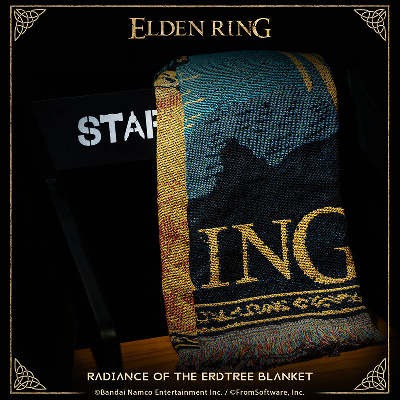 This product is designed based on the visual art of the Golden Tree and the Bloody Wolf from Elden Ring.

As a woven tapestry, it utilizes simplified lines and a highly limited color palette to present the entire scene. The artistic style employs large blocks of golden hues to depict the Golden Tree and the radiance cascading from its branches. Amidst this golden glow and the darkened landscapes of the Lands Between, the silhouette of the Bloody Wolf, charging into battle on horseback, is rendered in pure b