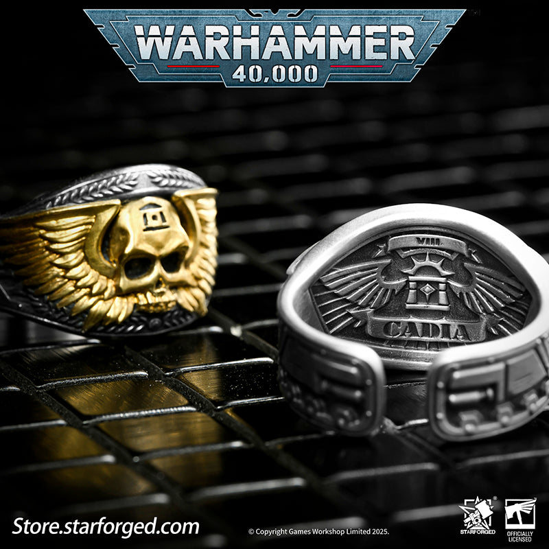 Astra Militarum De Gloria Cadia Ring Cadian Shock Troopers Warhammer Memorial Ring Gold & Silver A ring depicting the winged skull emblem of the Astra Militarum. With the Cadian Gate’s logo etched on its forehead, representing the heroic Cadian Shock Troopers. Their famous warcry, ‘Cadia stands!’ echoes with it.