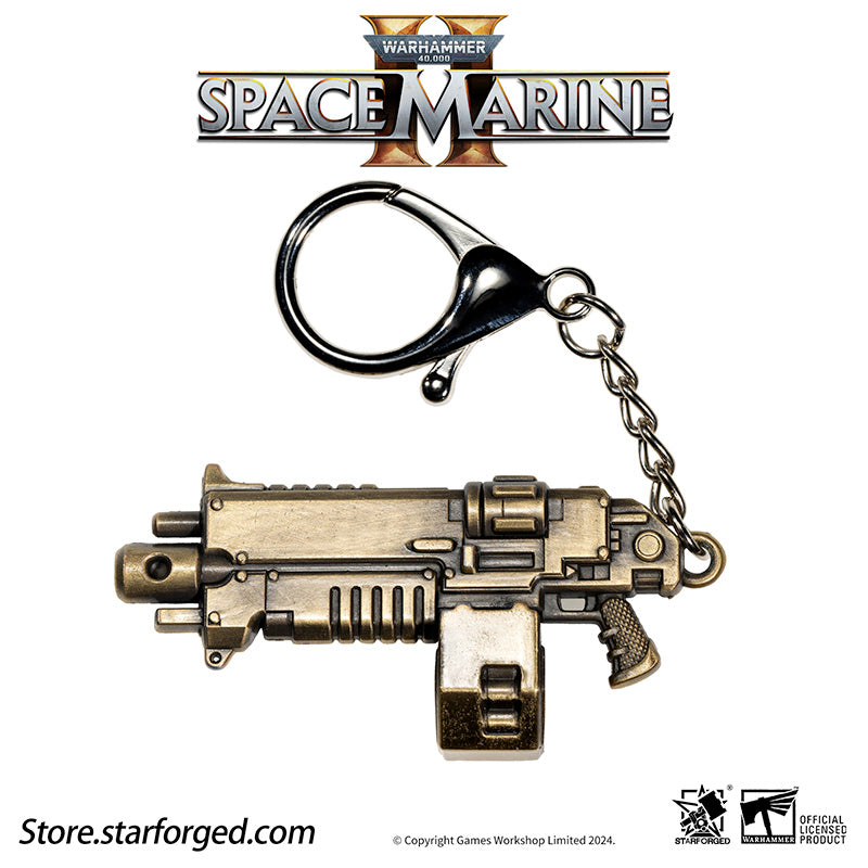 Warhammer 40K Space Marines Boltgun Keychain Space Marine 2 Weapon Pendant Starforged
The Boltgun is the iconic weapon of the Adeptus Astartes and the Adepta Sororitas. Typically, its caliber is 0.75 inches, and each round it fires is a high-explosive bolt carefully crafted by master artificers. Upon penetrating the target's armor, the bolt detonates inside, causing devastating internal damage. This weapon is heavy, durable, and features recoil that is almost impossible for a mortal to control