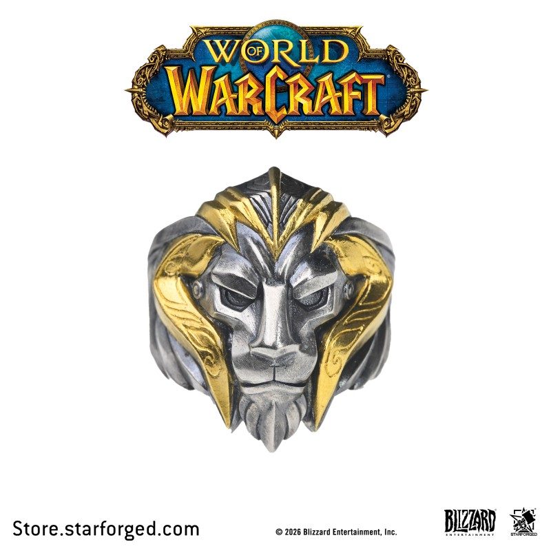 Starforged World of Warcraft Lion Crown of Stormwind Men's Fashion Jewelry Officially Authorized The Young King’s Trial The Choice of the Path of Holy Light The Courage to Fight for Peace The Coronation at the Broken Shore Peace Is the Noblest Ideal  At the heart of this ring lies the silent lion from Anduin’s armor. Through meticulous relief craftsmanship, we have recreated every detail of this noble beast. It does not roar; instead, it gazes forward with steady resolve. This perfectly embodies Anduin Wryn